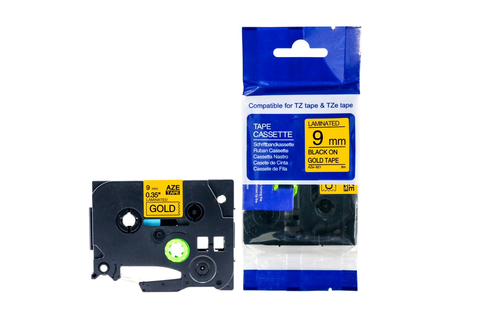 12910821 Comp Brother P-Touch TZe-821 Labelling Tape Cassette Black on Gold also for TZ-821 - Image 1