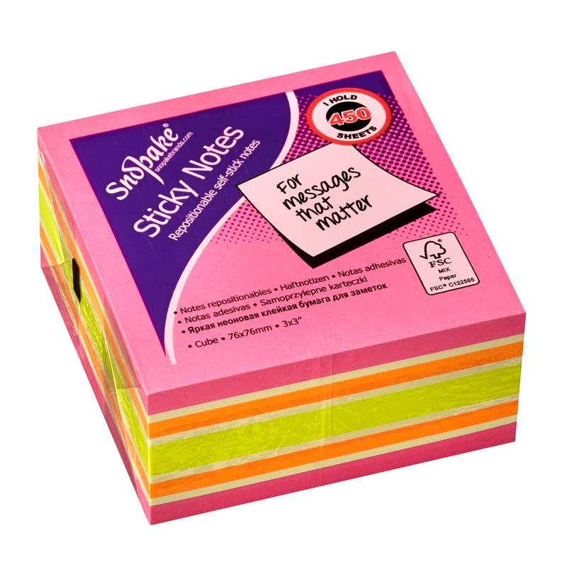 15759_1 Snopake FSC Pink Rainbow NeonMix Sticky Notes 450 Sheet Cube- 1 Cube - Image 1
