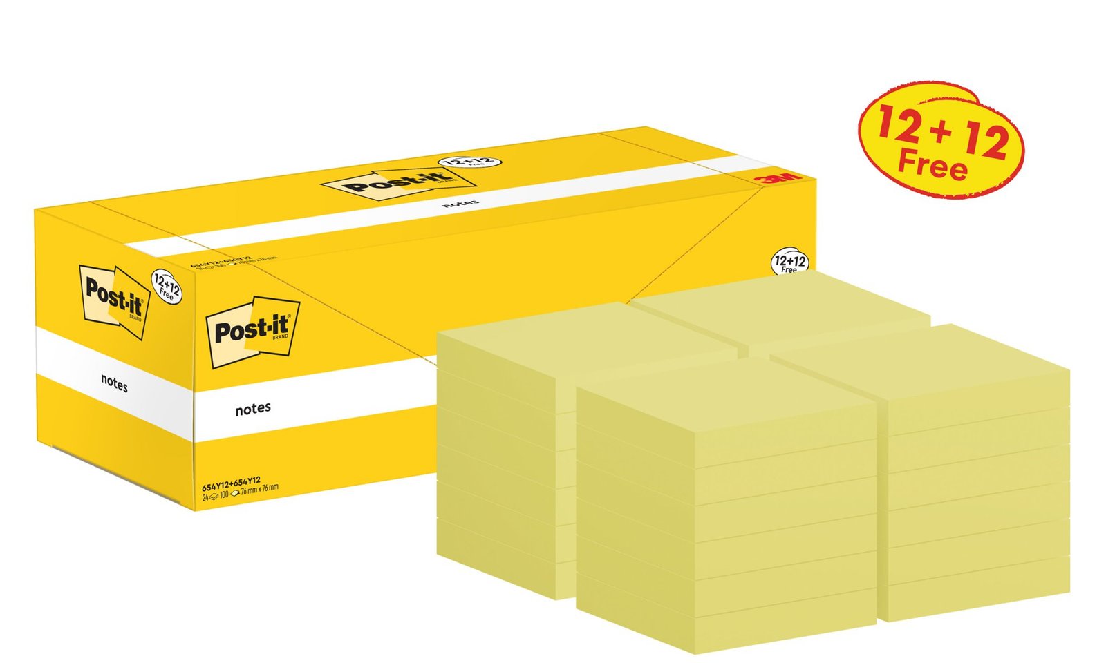 2324574 Post-it® Notes Canary Yellow 76 mm x 76 mm Promo Pack 100 Sheets/Pad 12 + 12 FREE Pads/Pack Cardboard Pack 100% PEFC SGSCH-PEFC-COC-110078 - Image 1