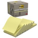 Post-itÂ® Recycled Z-Notes Canary Yellow 76 mm x 76 mm 100 Sheets/Pad 6 Pads/Pack 100% PEFC Recycled SGSCH-PEFC-COC-110078