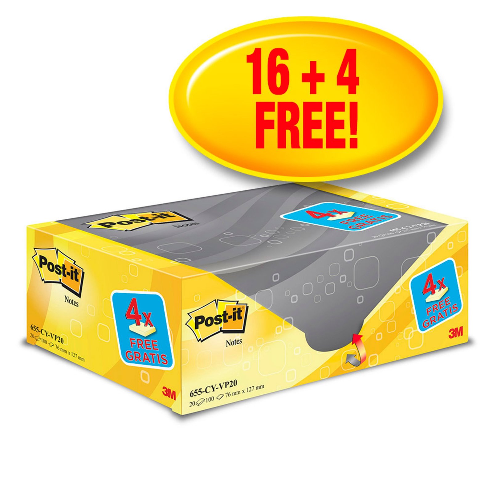 7100172334_1424032_2 Post-it® Notes Canary Yellow 76 mm x 127 mm Promo Pack 100 Sheets/Pad 16 + 4 FREE Pads/Pack 100% PEFC SGSCH-PEFC-COC-110078 - Image 1